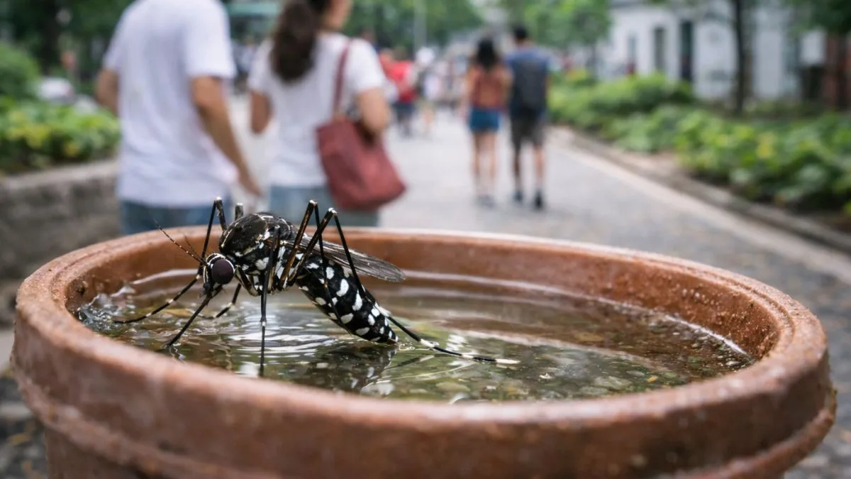 Mosquito Aedes aegypti sobre água parada em recipiente doméstico em área urbana no Brasil