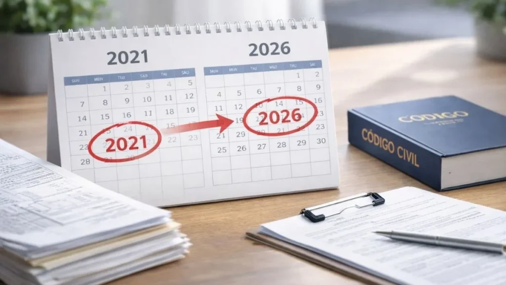 Calendário Marcando A Passagem De 2021 Para 2026 Ao Lado Do Código Civil E Documentos Organizados, Representando O Prazo De Cinco Anos Para Prescrição De Dívidas.