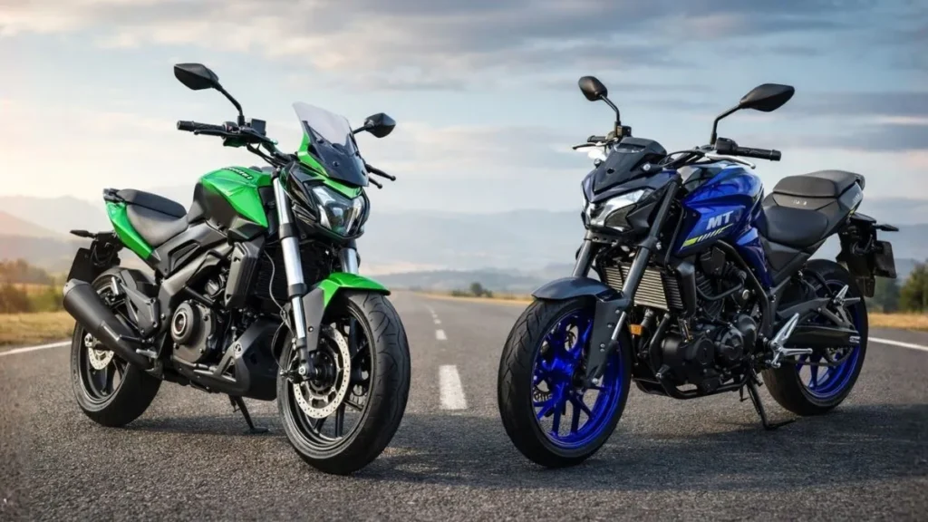 Comparativo Entre Bajaj Dominar 400 Verde E Yamaha Mt-03 Vermelha Lado A Lado Em Cenário Aberto, Destacando Design E Proposta Das Motos 400Cc Em 2026