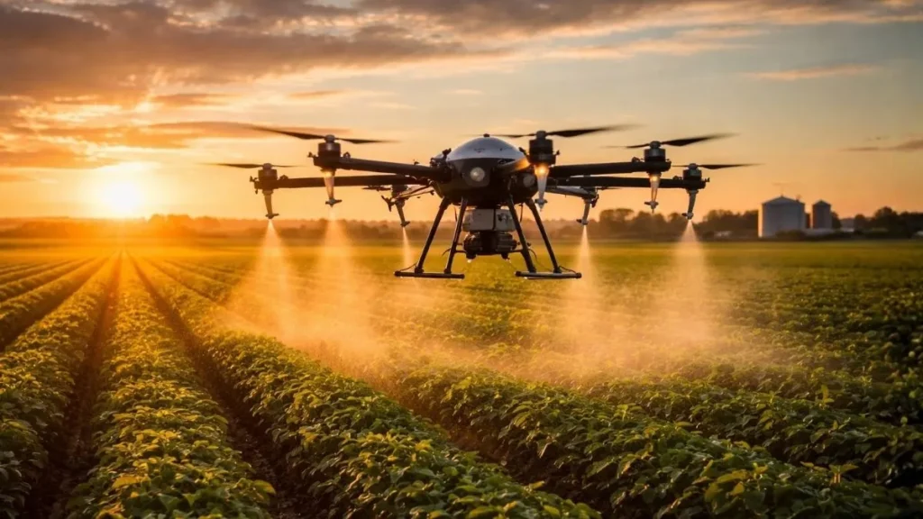 Drone Agrícola Profissional Pulverizando Plantação Ao Pôr Do Sol Em Operação De Agricultura De Precisão No Brasil