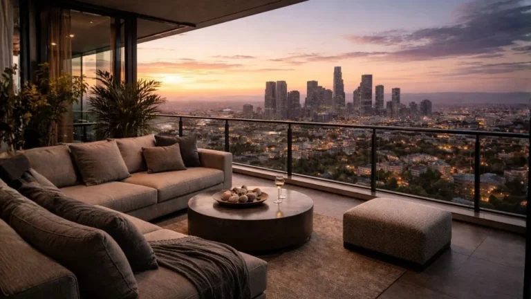 Varanda Moderna De Alto Padrão Com Vista Panorâmica Para A Cidade Ao Entardecer, Ambiente Sofisticado E Iluminação Natural Transmitindo Estabilidade Financeira E Tranquilidade.