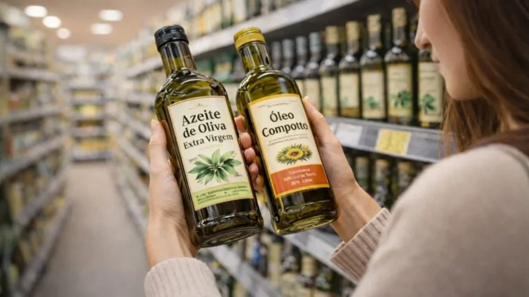 Mulher Compara Azeite Extravirgem E Óleo Composto No Supermercado Para Escolher A Melhor Opção De Qualidade