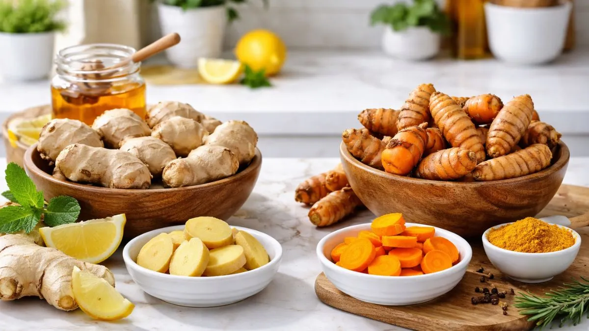 Raízes frescas de gengibre e cúrcuma organizadas em balcão de cozinha elegante com porções inteiras e fatiadas em recipientes individuais