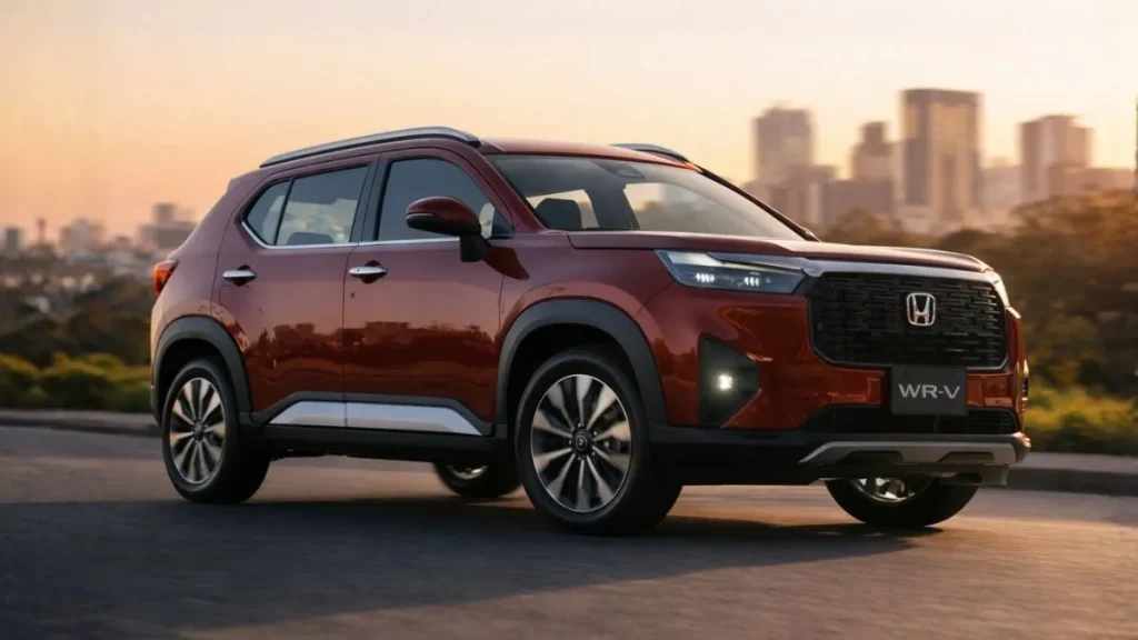 Honda Wr-V 2026 Vermelho Em Movimento Com Skyline Urbano Ao Fundo Durante O Pôr Do Sol