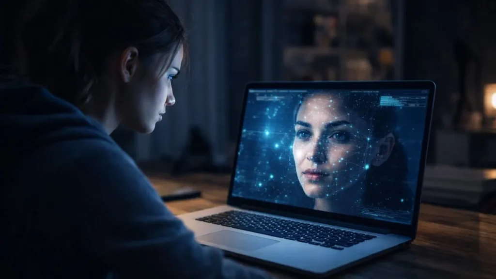Suas Fotos Podem Estar Sendo Manipuladas Por Ia Sem Que Você Saiba 4 Pessoa Observando Notebook Enquanto Inteligência Artificial Recria Digitalmente Seu Rosto Na Tela, Com Pontos De Reconhecimento Facial E Ambiente Escuro, Simbolizando Manipulação De Imagens Por Ia.
