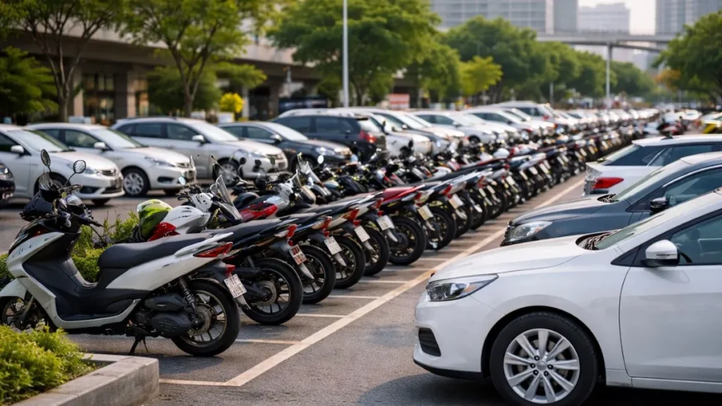 Conjunto De Carros E Motos Estacionados Em Espaço Urbano, Ilustrando A Presença De Diferentes Veículos No Trânsito Das Cidades