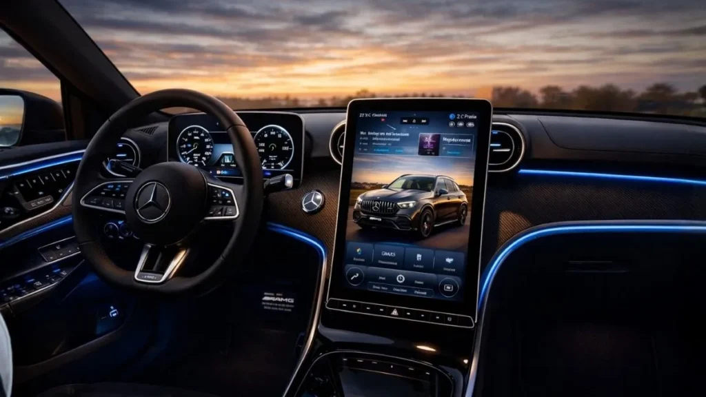 Interior Do Mercedes-Benz Glc 2025 Com Painel Digital De 12,3 Polegadas E Tela Central Vertical De 11,9", Iluminado Com Luz Ambiente Premium E Acabamento Sofisticado.