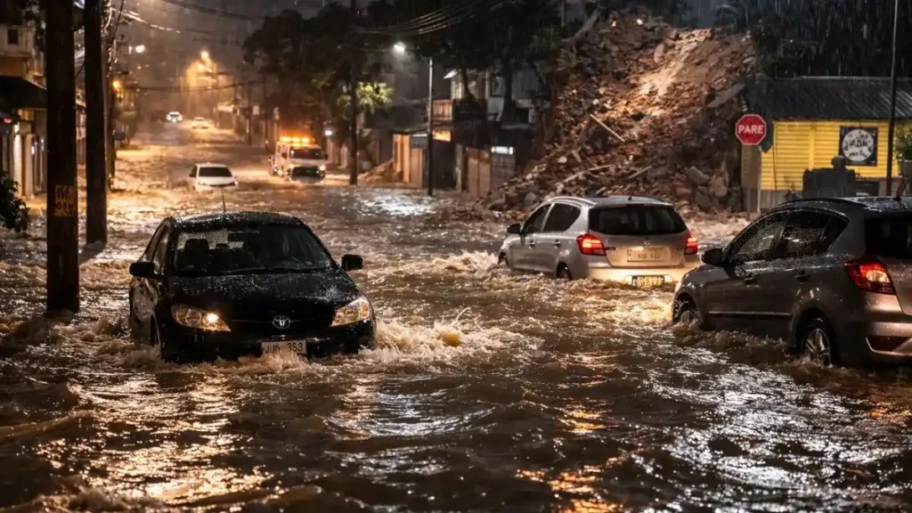 Rua Alagada Em Juiz De Fora Durante Forte Temporal Noturno, Com Carros Parcialmente Submersos E Desmoronamento De Encosta Ao Fundo Sob Chuva Intensa