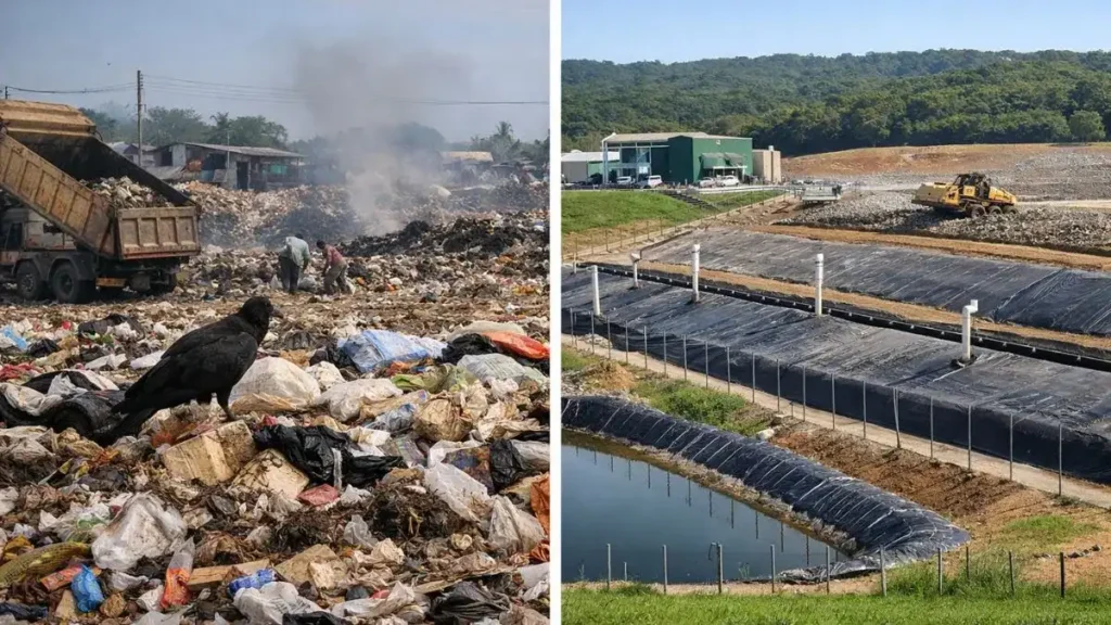 Comparação Entre Lixão A Céu Aberto E Aterro Sanitário Estruturado, Mostrando Diferenças Na Gestão De Resíduos E No Controle Ambiental Urbano