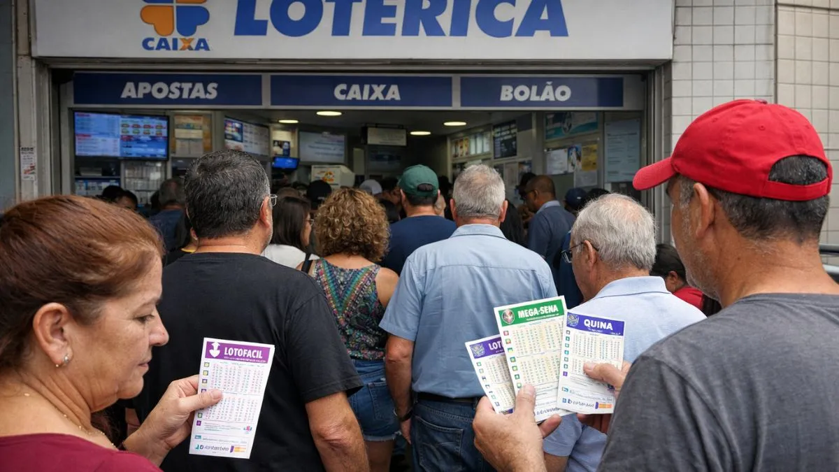 Fila De Pessoas Em Frente A Uma Lotérica Da Caixa Segurando Bilhetes Da Mega Sena, Lotofácil E Quina Enquanto Aguardam Para Fazer Apostas Após O Retorno Dos Sorteios.