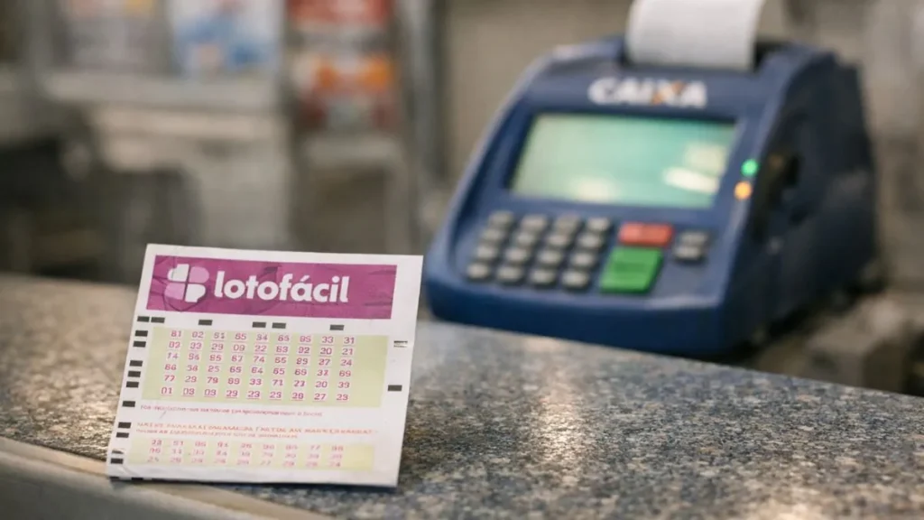 Bilhete Da Lotofácil Apoiado Sobre Balcão De Lotérica Com Terminal Da Caixa Ao Fundo Em Ambiente Realista