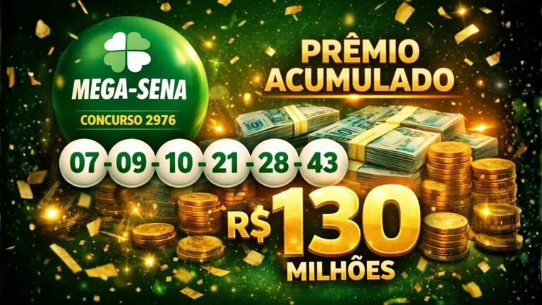 Resultado Da Mega-Sena 2976 Com Prêmio Acumulado De R$ 130 Milhões E Dezenas Sorteadas Exibidas Sobre Fundo Com Dinheiro E Moedas