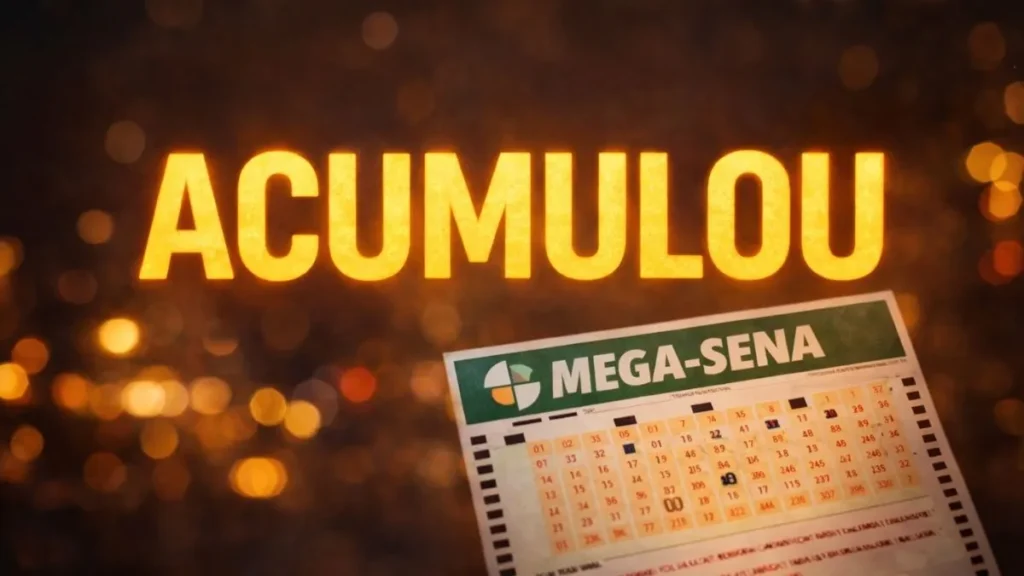 Volante Da Mega-Sena Em Primeiro Plano Com A Palavra “Acumulou” Iluminada Ao Fundo Em Destaque Dourado, Simbolizando Prêmio Acumulado Em Concurso Recente.