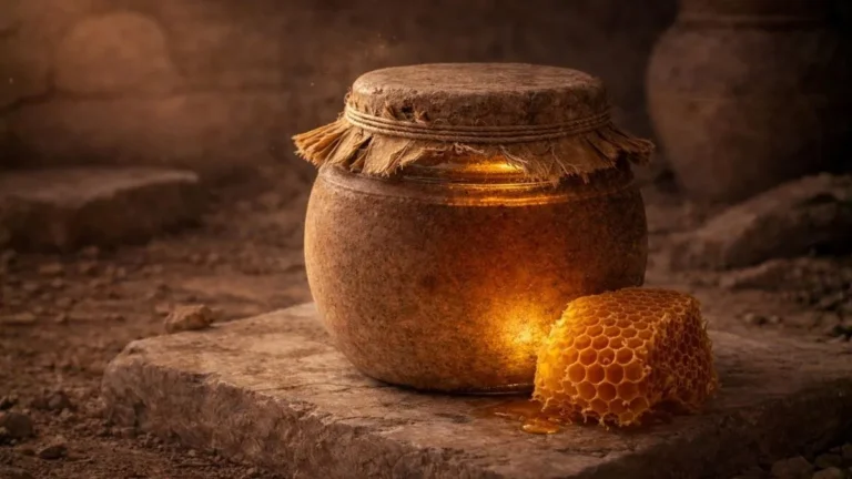 Pote Antigo De Mel Preservado Em Ambiente Que Remete Ao Egito Antigo, Com Favo Ao Lado E Iluminação Quente Destacando O Conteúdo Dourado