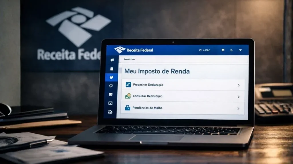 Notebook Exibindo O Sistema Meu Imposto De Renda Da Receita Federal Na Tela, Em Ambiente Escuro, Representando A Declaração Do Imposto De Renda 2026.