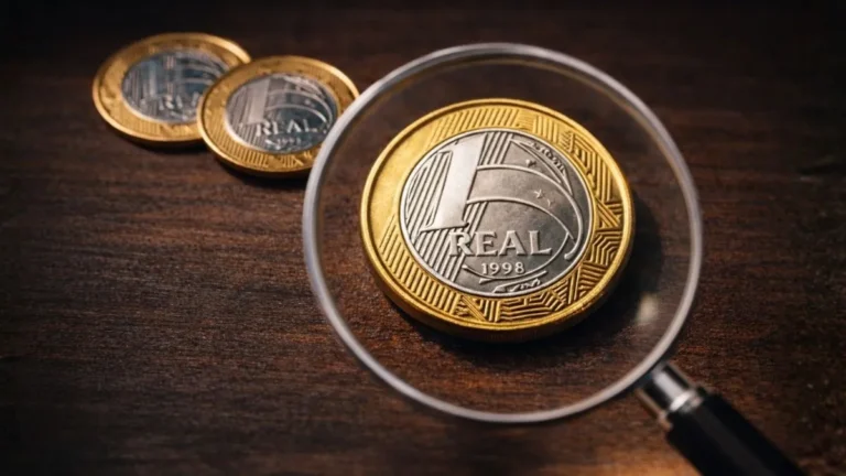 Moeda De 1 Real De 1998 Ampliada Por Lupa Sobre Mesa De Madeira, Destacando Detalhes De Cunhagem E Possível Valorização No Mercado Numismático.