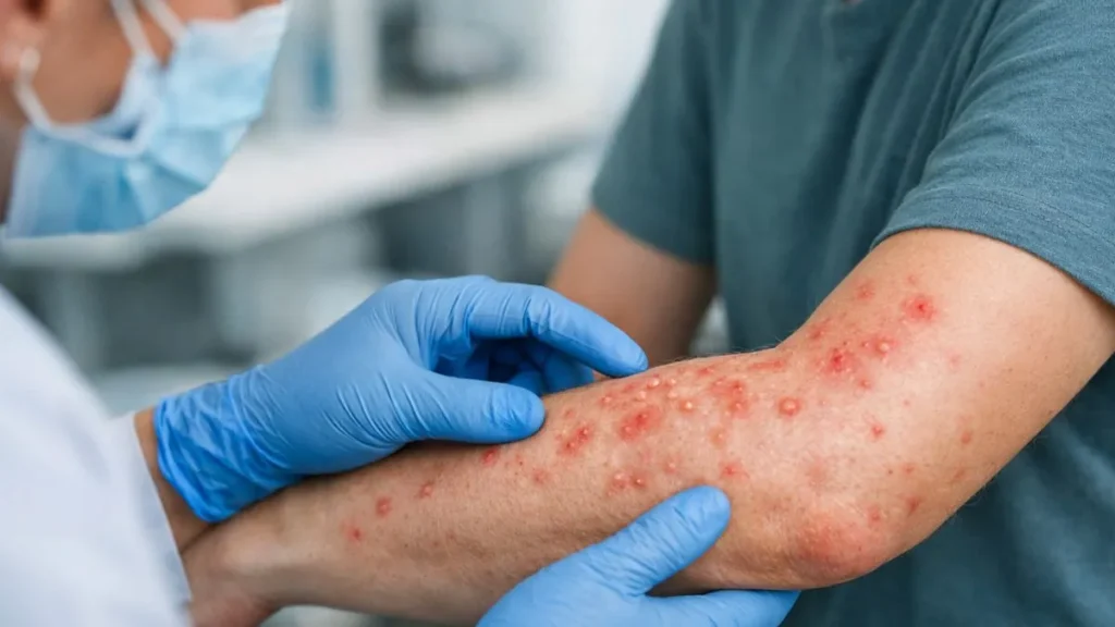 Profissional De Saúde Usando Luvas Examina Lesões Cutâneas No Braço De Paciente Durante Avaliação Clínica De Possível Infecção Por Mpox Em Ambiente Médico.