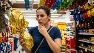 Mulher Observa Ovo De Páscoa Em Supermercado Enquanto Compara Opções Entre Dezenas De Chocolates Expostos Nas Prateleiras