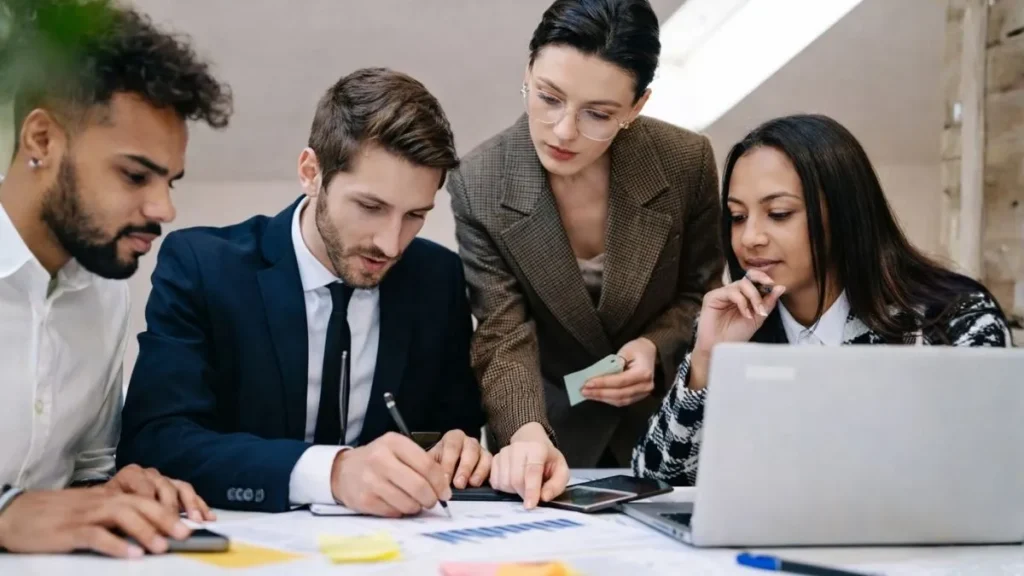 Equipe Corporativa Em Ambiente De Trabalho Analisando Tarefas Sob Pressão, Ilustrando Riscos Psicossociais E Impactos Da Nr-01 Na Rotina Das Empresas.