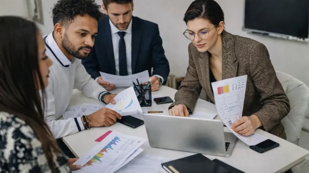 Equipe De Gestores Avaliando Documentos E Indicadores Ligados À Nr-01 E Aos Riscos Psicossociais Nas Empresas