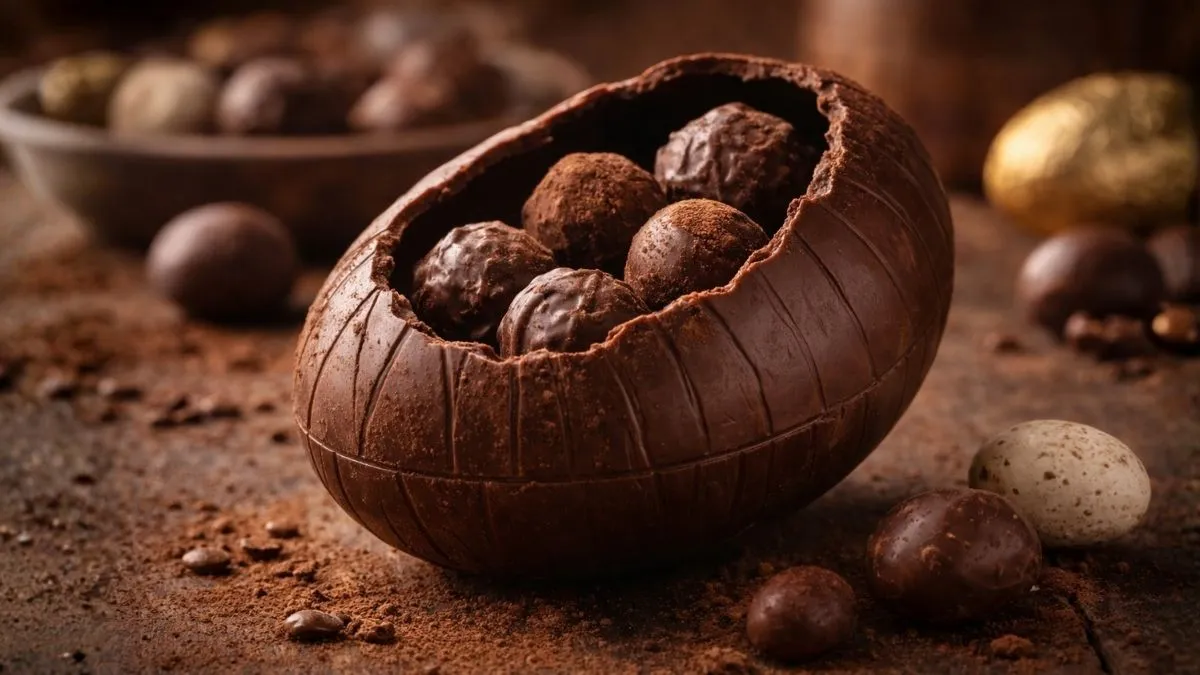 Ovo de Páscoa de chocolate meio amargo aberto com bombons artesanais dentro, sobre mesa rústica de madeira com leve pó de cacau espalhado ao redor.