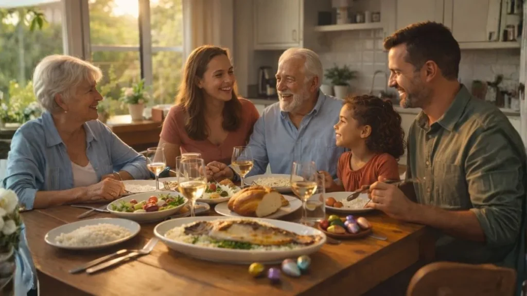 Família Brasileira Multigeracional Reunida Para Almoço De Páscoa Com Bacalhau E Ovos De Chocolate Discretos Na Mesa, Em Ambiente Caseiro Iluminado Por Luz Natural.