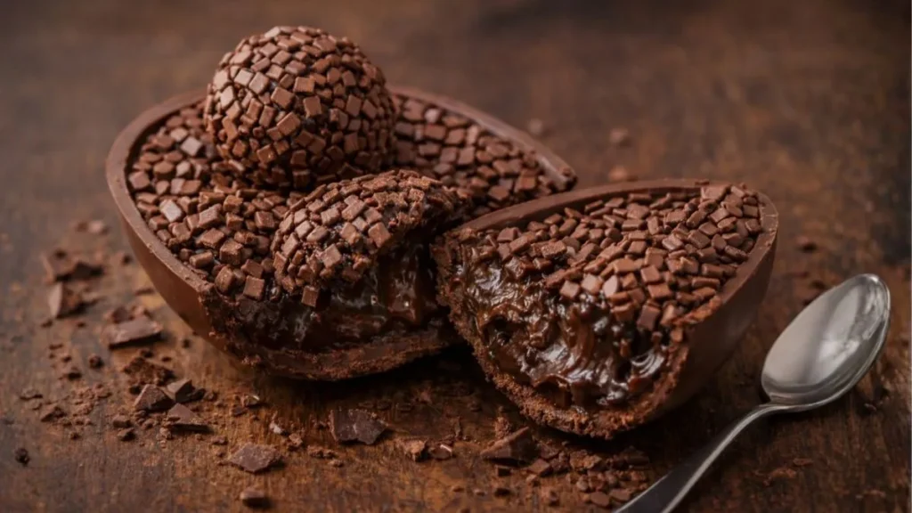 Ovo De Páscoa Caseiro Recheado Com Brigadeiro Cremoso, Aberto Ao Meio, Com Granulado Quadradinho E Recheio Intenso Sobre Mesa De Madeira Escura.