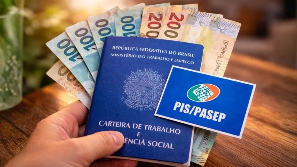 Carteira De Trabalho Com Cartão Pis/Pasep 2026 E Notas De R$100 E R$200 Em Destaque, Representando O Pagamento Do Abono Salarial Aos Trabalhadores Brasileiros