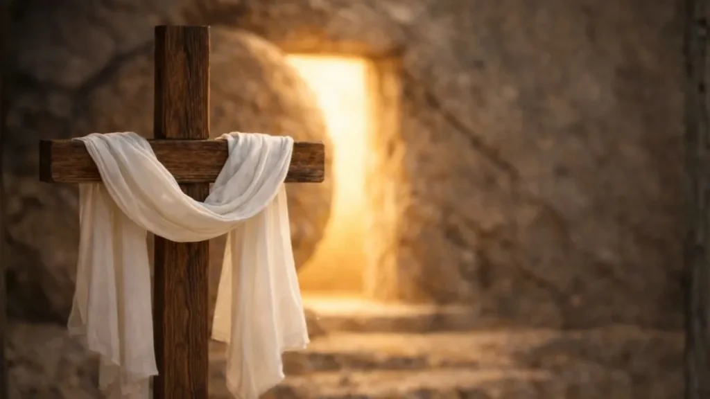 Cruz Vazia Iluminada Pela Luz Do Amanhecer, Simbolizando A Ressurreição De Cristo E O Significado Central Da Páscoa Cristã.