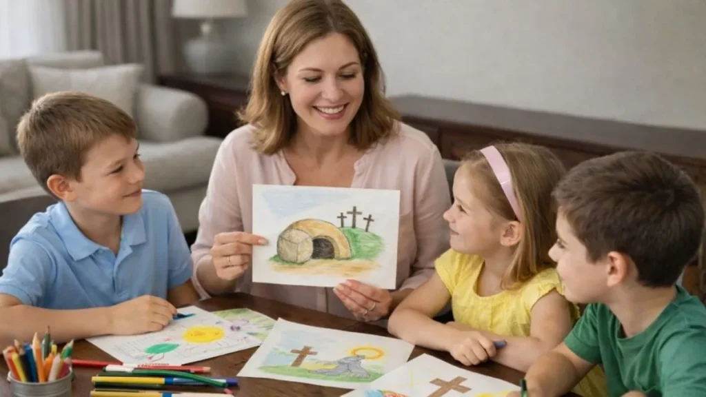 Mãe Sentada À Mesa De Casa Ensinando Três Crianças A Colorir Desenhos De Páscoa, Em Ambiente Organizado, Com Lápis De Cor E Canetinhas Sobre A Mesa.