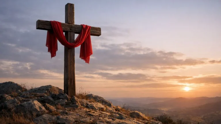 Cruz De Madeira No Alto De Uma Colina Ao Entardecer Com Céu Suavemente Dourado E Nuvens Leves, Simbolizando Fé, Reflexão E O Significado Espiritual Da Páscoa.