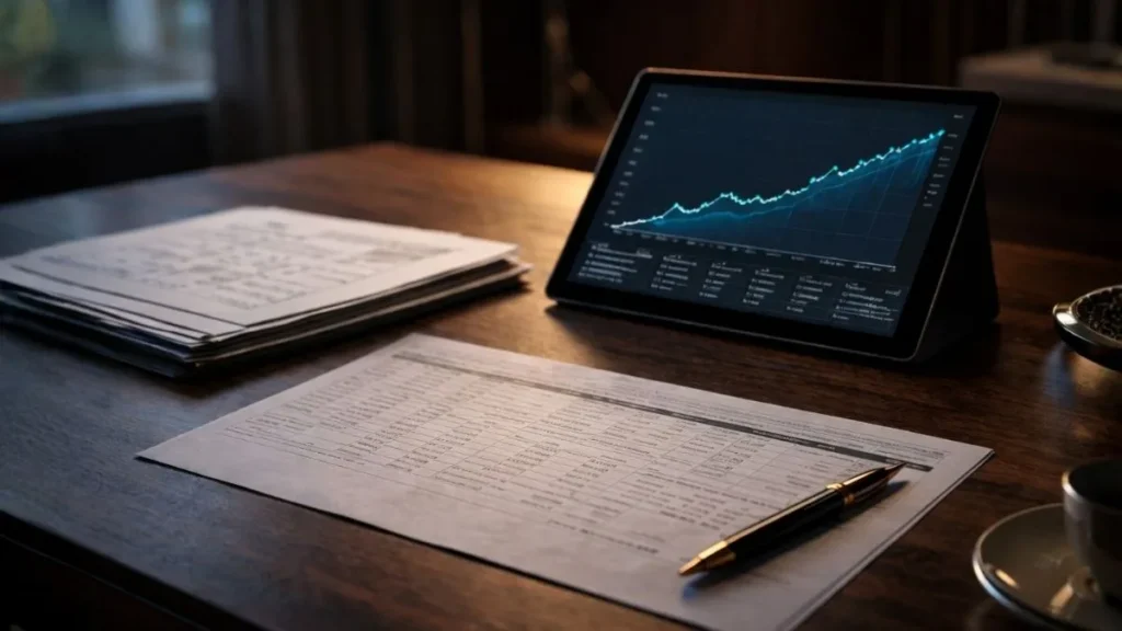 Ambiente De Trabalho Financeiro Com Tablet Exibindo Gráfico De Crescimento, Documentos Organizados Sobre Mesa De Madeira E Iluminação Suave, Representando Planejamento Patrimonial E Análise De Investimentos.