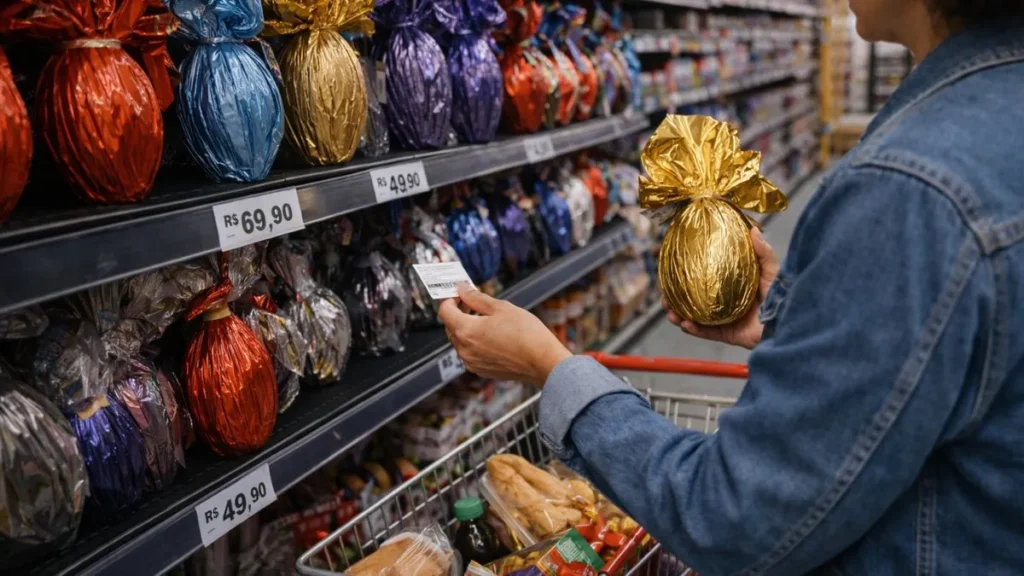Consumidor Compara Preços De Ovos De Páscoa Em Prateleira De Supermercado Brasileiro, Segurando Um Ovo Dourado Enquanto Observa A Etiqueta De Valor, Com Carrinho De Compras Parcialmente Cheio Ao Lado.