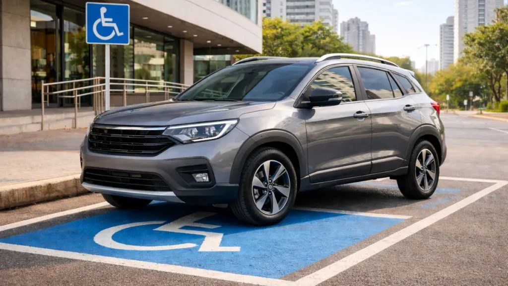 Suv Automático Moderno Estacionado Em Vaga Pcd Com Símbolo Acessível No Chão Em Ambiente Urbano Claro E Realista