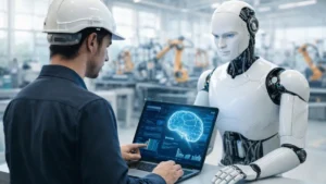 Trabalhador interage com robô humanoide equipado com inteligência artificial em ambiente industrial moderno e iluminado, simbolizando a colaboração entre humanos e máquinas no futuro do trabalho.