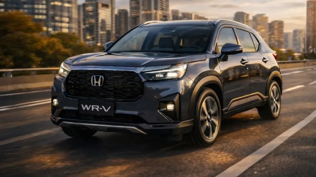 Honda Wr-V 2026 Em Movimento Na Cidade Ao Entardecer, Destacando Design Frontal, Faróis Em Led E Proposta De Suv Compacto Que Assume O Lugar Do Fit No Brasil.