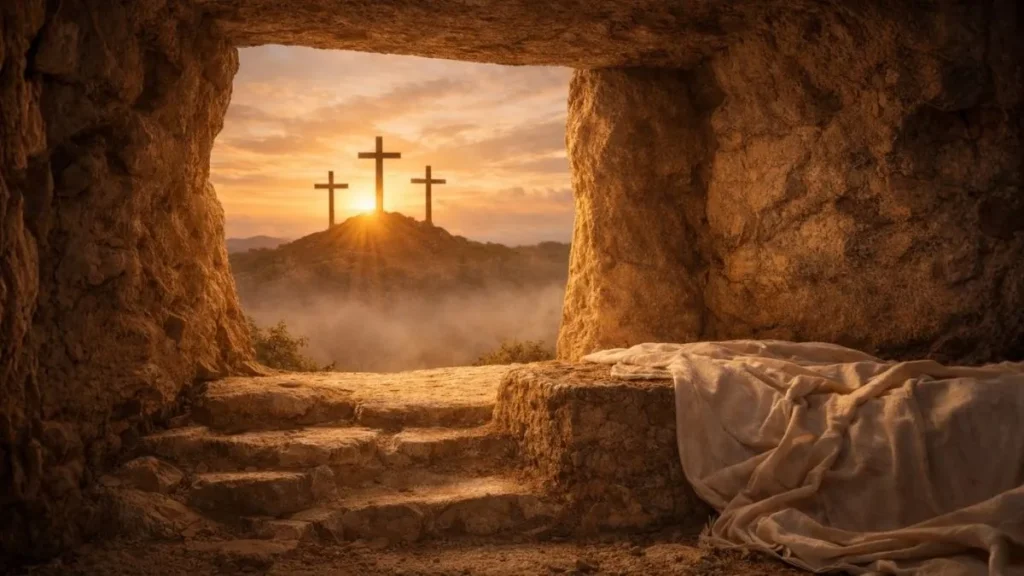 Interior De Tumba Escavada Em Rocha Iluminada Pela Luz Dourada Do Amanhecer, Com Tecido Repousando Sobre Pedra E Paisagem Histórica Ao Fundo, Evocando O Período Da Páscoa E O Contexto Da Semana Santa.