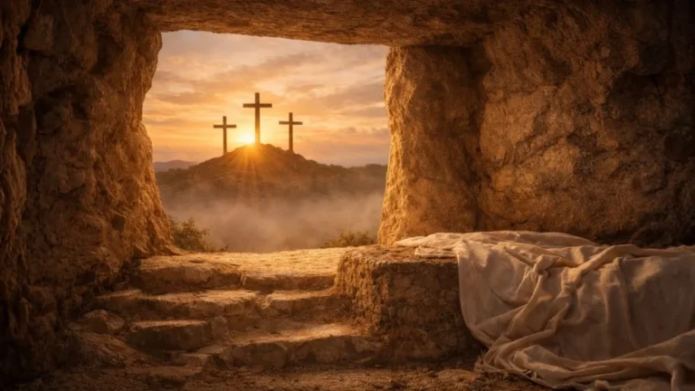 Interior De Tumba Escavada Em Rocha Iluminada Pela Luz Dourada Do Amanhecer, Com Tecido Repousando Sobre Pedra E Paisagem Histórica Ao Fundo, Evocando O Período Da Páscoa E O Contexto Da Semana Santa.