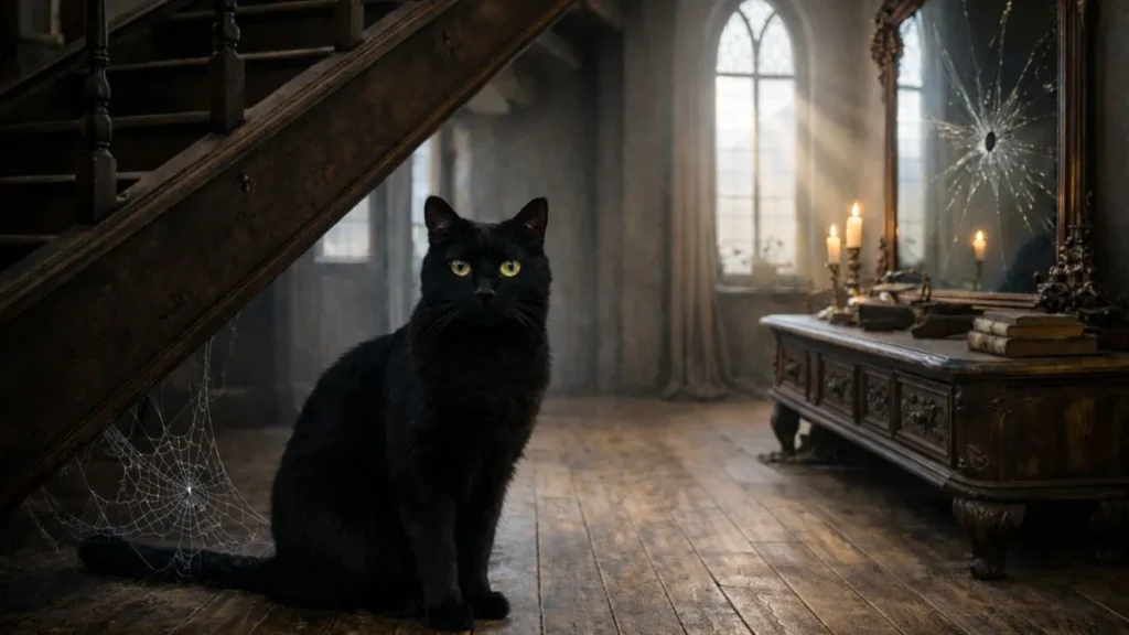 Gato Preto Sentado Sob Uma Escada Antiga Dentro De Um Casarão Histórico Com Espelho Rachado, Janela Em Estilo Capela Com Raios De Sol E Ambiente Com Atmosfera Misteriosa
