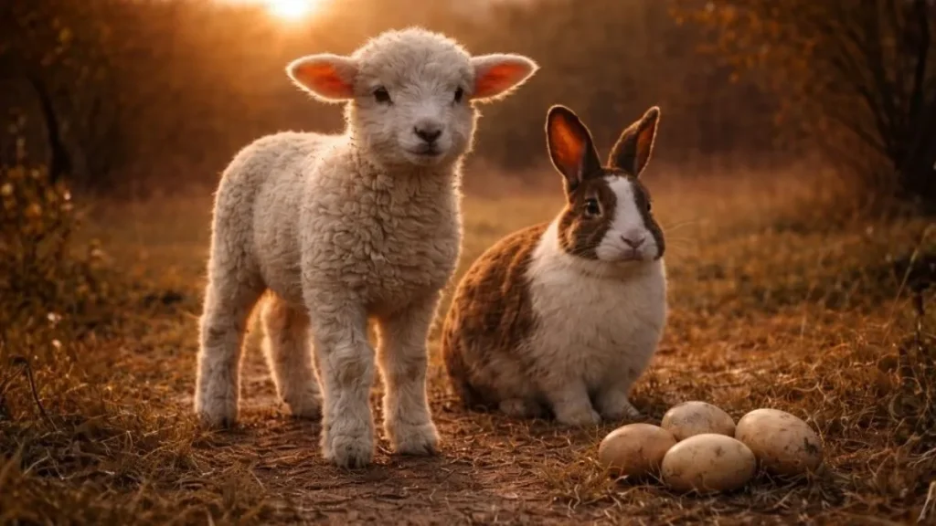 Cordeiro E Coelho Em Campo Ao Pôr Do Sol Com Ovos Naturais No Chão, Representando Os Símbolos Tradicionais Da Páscoa