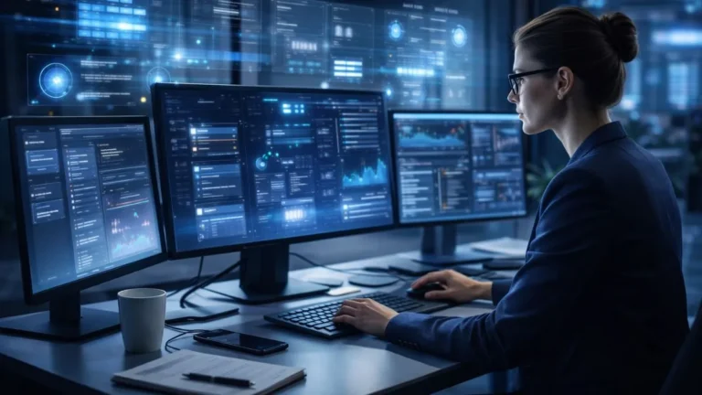 Executiva Trabalhando Em Ambiente Corporativo Moderno Com Múltiplos Monitores Exibindo Interfaces Digitais E Automações De Inteligência Artificial.