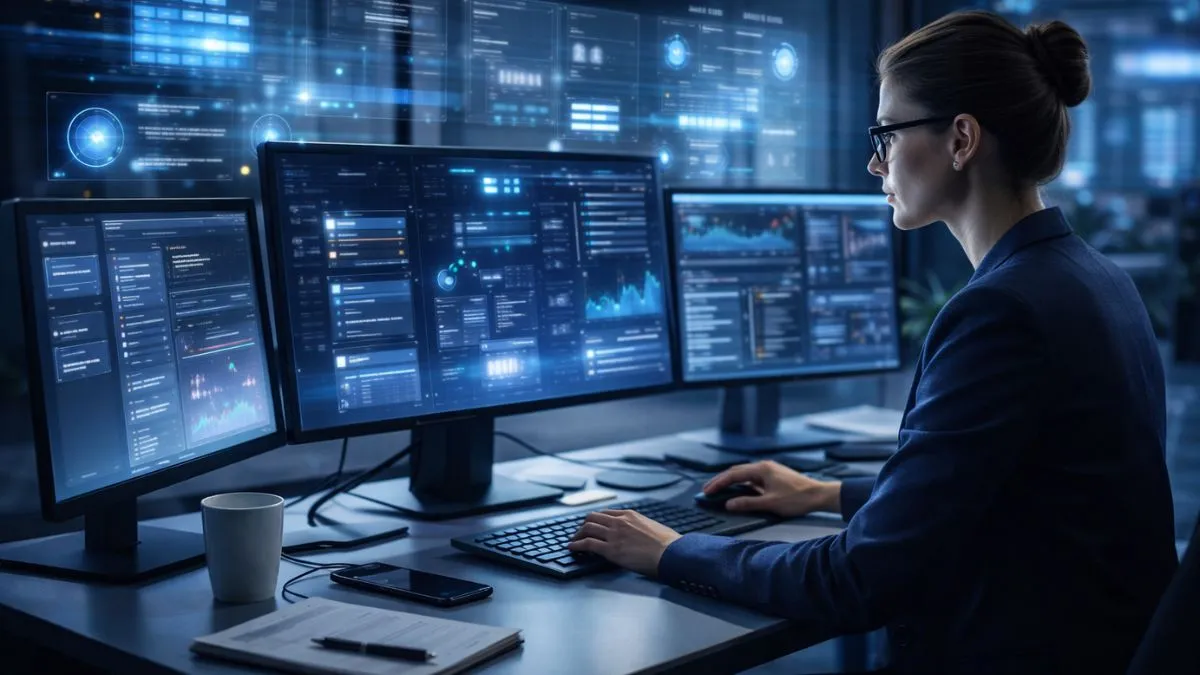 Executiva trabalhando em ambiente corporativo moderno com múltiplos monitores exibindo interfaces digitais e automações de inteligência artificial.