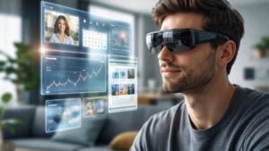 Pessoa utilizando óculos inteligentes de realidade aumentada enquanto visualiza múltiplas telas virtuais flutuantes em ambiente moderno, representando o avanço da computação espacial