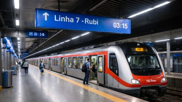 Estação Moderna Da Linha 7-Rubi Operada Pela Tic Trens Durante A Madrugada, Com Trem Parado Na Plataforma E Passageiros Embarcando Sob Iluminação Artificial