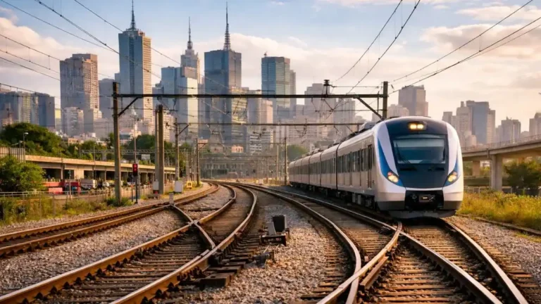 Trem Moderno Circulando Em Trilhos Ferroviários Que Se Dividem Com Skyline De São Paulo Ao Fundo, Representando Expansão Da Infraestrutura E O Projeto Da Nova Linha Entre São Paulo E Jundiaí