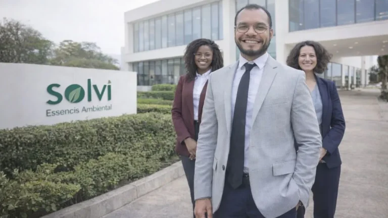 Três Profissionais Em Frente À Sede Da Solví Essencis Ambiental Em Caieiras, Onde A Empresa Divulgou Vaga Para Assistente Comercial.