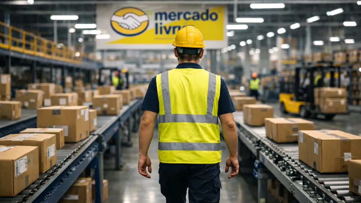 Funcionário caminha entre esteiras com caixas dentro de um centro logístico moderno, com empilhadeira, equipe ao fundo e placa do Mercado Livre na estrutura
