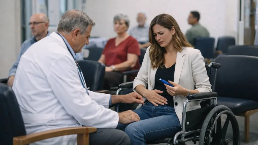 Paciente Sentada Em Cadeira De Rodas Sendo Avaliada Por Médico Em Ambiente Hospitalar Durante Atendimento Por Dor Abdominal