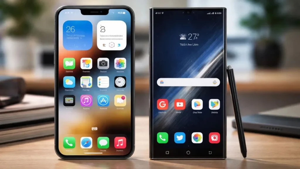 Iphone E Smartphone Samsung Lado A Lado Ilustrando A Disputa Entre As Marcas Mais Pesquisadas Por Usuários No Brasil E No Mundo