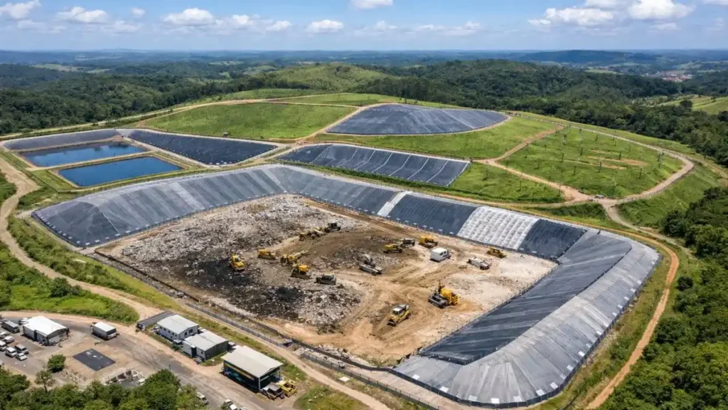 Vista Aérea De Aterro Sanitário Moderno No Brasil Com Células Organizadas, Sistema De Impermeabilização, Lagoas De Tratamento De Chorume E Máquinas Em Operação